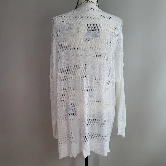 White open knit longer length cardigan open front boho minimalist beachy neutral - Picture 3 of 7